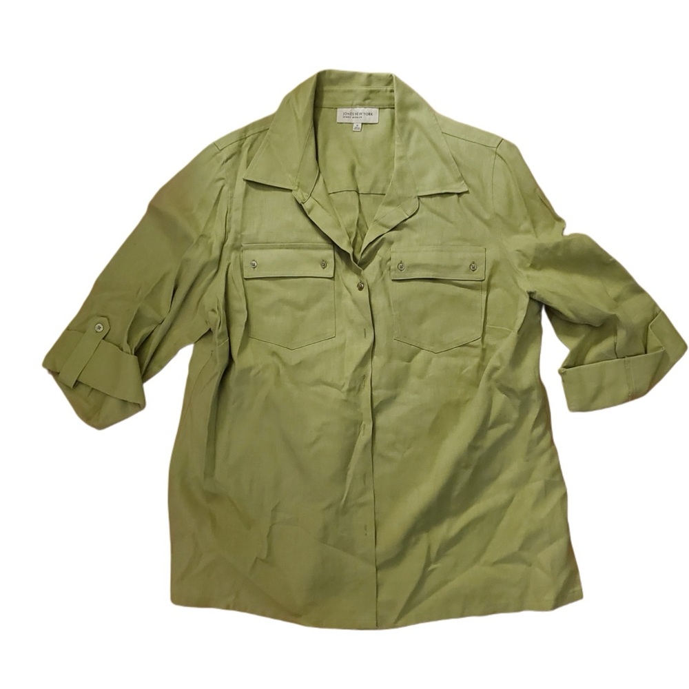 Joan’s New York Sports Woman Pea Citrine Green Button-Up 3 Quarter Sleeve Blouse